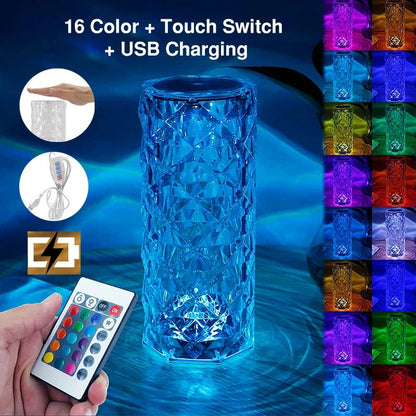 LED Crystal Table Rose Lamp Light Projector 3/16 Colors Touch RGB Adjustable Diamond Atmosphere Light USB Touch Night Light